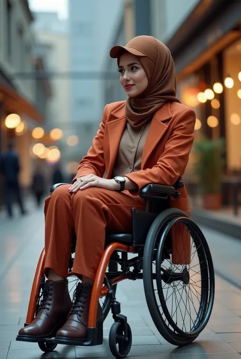  picture depicts a stylish young woman aged 25 from Omar sits confidently in a newly designed sports wheelchair in a modern color that matches her brilliant look. .  wearing a modern hijab fixed in a renewed style that falls smoothly over her shoulders, an...