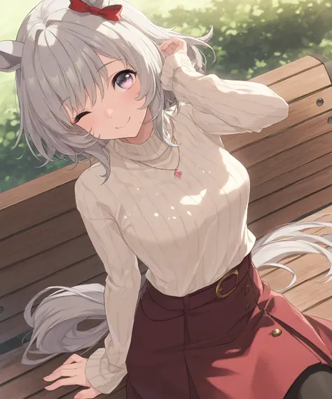 very awa, masterpiece, best quality, newest,  highres, absurdres、 There is only one 、heal chan、Uma Musume　heal chan、 gray hair 、Outdoors、 park bench、sit、 Sunny、 light shines in the water 、smile、Close one eye