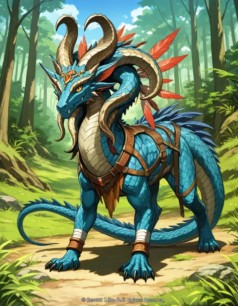 Fantasy, Multiple_headed Hydra, mythical beast, (ancient Greek mythology), (multi-headed creature), ((hybrid creature)), (Fantasy Lore)), 5headed, tribal clothing, scaled skin, dragon_skin, dragon scales, straps, feathers, Fantasy creature, Anime design, F...