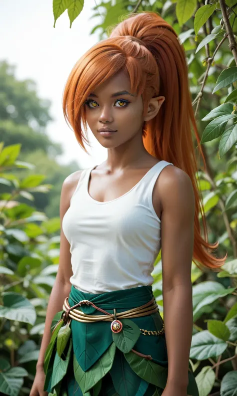 Edyn, 1girl, dark-skinned female, orange hair, long hair, ponytail, gold eyes, pantyhose, pointy ears, tank top, leaf skirt