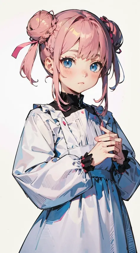 anime style, 1girl, solo, sleeves past wrists, blue eyes, sleeves past fingers, pink hair, long hair, white background, braid, long sleeves, closed mouth, double bun, dress, blush, bangs