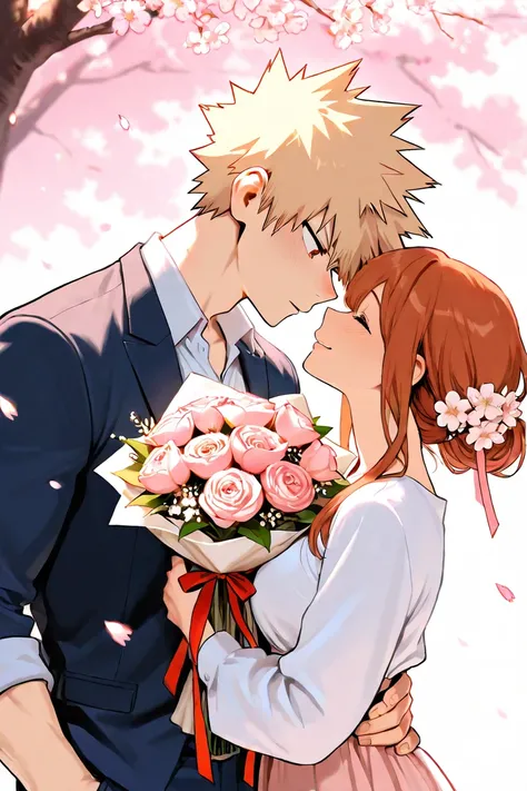 bakugo katsuki, girl with long auburn hair, couple, hanami, bouquet, romantic