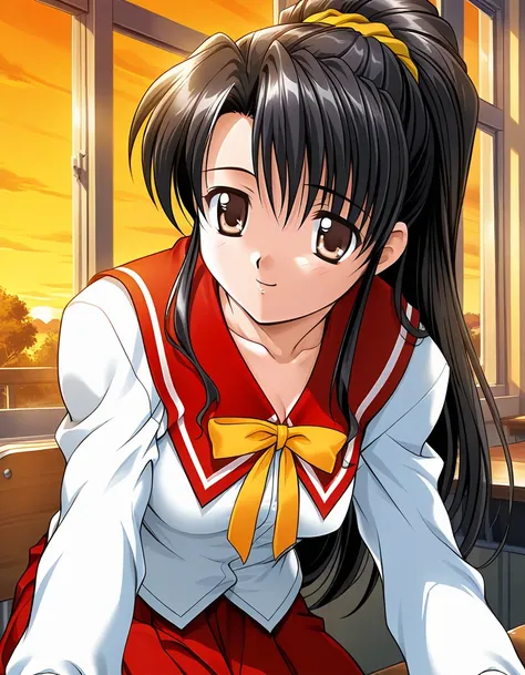  general , Hi-Res,  ultra detail,very aesthetic, top quality ,、1990s ( style),break game cg  style, Official Art, amazing quality, ultra highres,  very aesthetic,  very detailed,  complicated, 1 girl, Alone, Akira,   black hair,  brown eyes,  Beautiful Att...