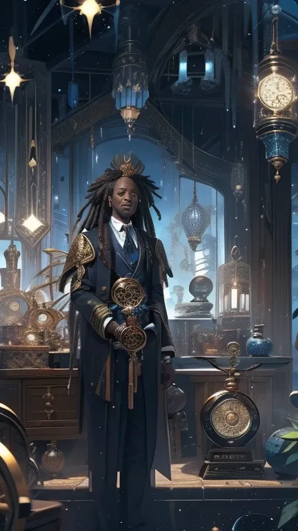 Black man in blue suit With dreadlocks and Angel wings holding a golden compass in front of a table Of artistic instruments and magical tools, Standing alone, Persian fractal patterns in background, Celestial stars fade to black upper image, Camera angle u...