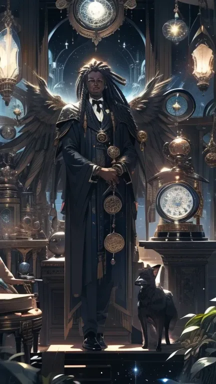 Black man in blue suit With dreadlocks and Angel wings holding a golden compass in front of a table Of artistic instruments and magical tools, Standing alone, Persian fractal patterns in background, Celestial stars fade to black upper image, Camera angle u...