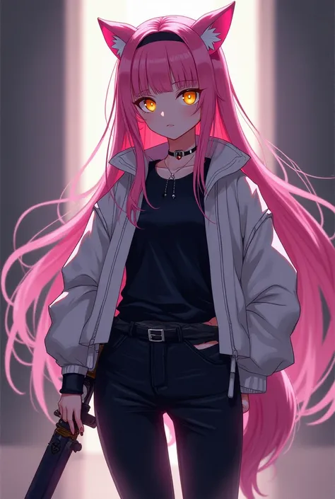 ( top quality,  thong,  official art ,  full body,  Beautiful and aesthetic:1.2)  a werewolf girl anime,  Clear skin,  pink hair,  golden eyes, white jacket,  black t-shirt,  black pants, Serious and cold expression , wielding a heavy sword.
