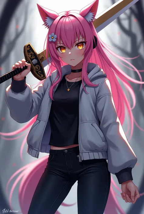 ( top quality,  thong,  official art ,  full body,  Beautiful and aesthetic:1.2)  a werewolf girl anime,  Clear skin,  pink hair,  golden eyes, white jacket,  black t-shirt,  black pants, Serious and cold expression , wielding a heavy sword.
