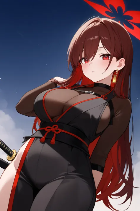 1 girl, Hair length reaches the back, Brown hair and red hair on the edges of the hair, red eyes, but not bright, curvy body, wear a sexy samurai outfit, หน้าอกไซส์ปานกลาง, have a gold earring, have a red halo