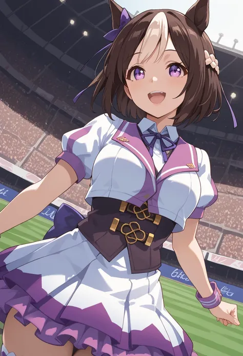 UMASW,horse ears,horse tail,purple eyes,hair bow,short hair,crown braid,brown hair,two-tone hair,multicolored hair,R4CE,white jacket,open jacket,vest,skirt,short sleeves,puffy sleeves,bow on back waist,white background,dutch angle, score_9, score_8_up, sco...