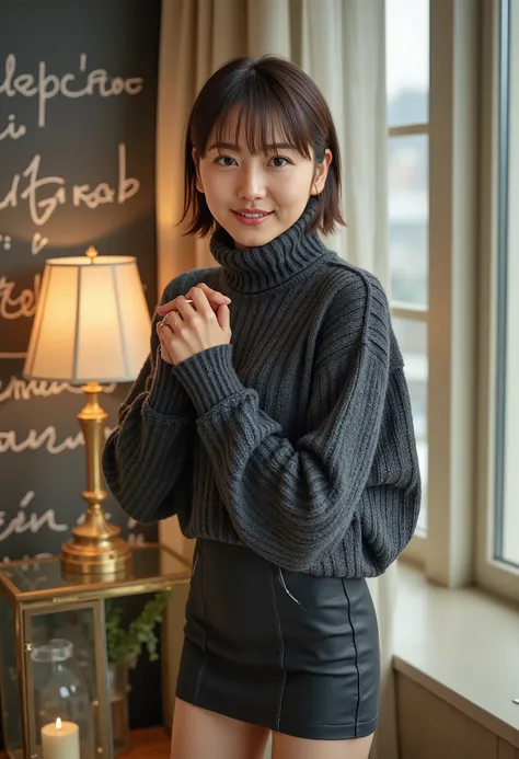 Photo of a beautiful woman standing on Modern city hotel guest room, ( Masterpiece:1.2, top quality), ( by Nomi, photo by Nomi:1.4), beautiful illustrations , ( natural side lighting , Cinema Lighting), written border, beautiful thighs staring at v...