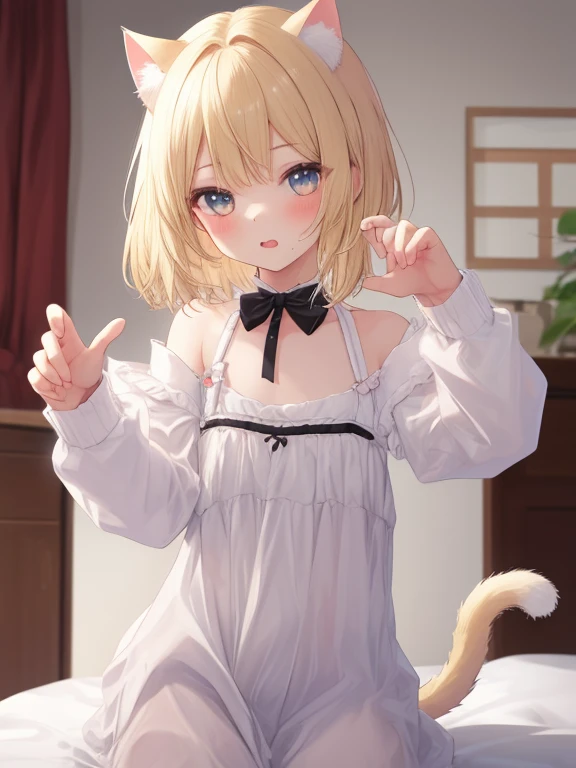  Hi-Res, accurate,  blonde, 1 girl, Cat ears,  cat pose with thin hair, cute,I'm going to eat it 