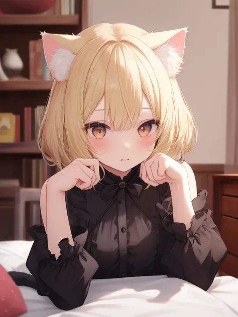  Hi-Res, accurate,  blonde, 1 girl, Cat ears,  cat pose with thin hair, cute,I'm going to eat it 