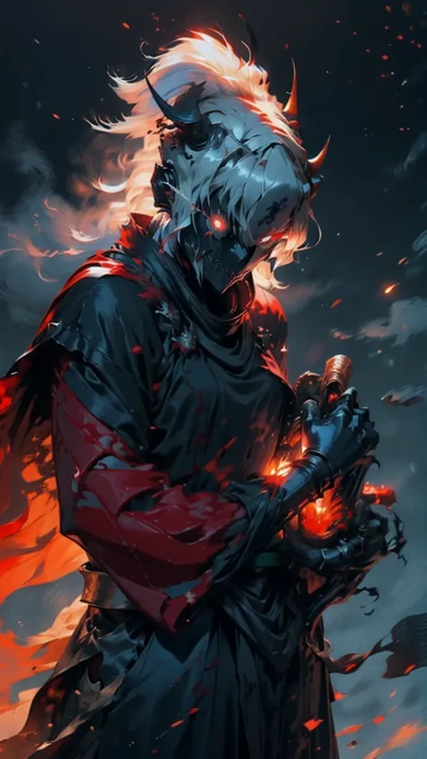 ( best quality photo, ultra detailed),Ultra HD 8K,Japanese demon woman, Female body,  slender body, old, blue and red fire, Cold, dark clothes and red patterns, animated,2d, katana,  white hair, red eyes, Oni Mask, dark and dark atmosphere. Souls in pain, ...