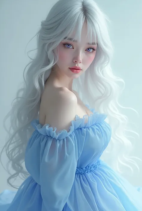 Ultra realistic picture , long curly hair,  bangs, silver hair,  purple eyes,  off-shoulder dress with a combination of sky blue and light blue,  white skin , Expressionless