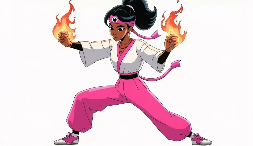 A  black female pink alfro headband and pink and white martial artist outfits  Chinese kung fu tai chi 
Outfit yin Yang dragon flame 
pink spandex pants 80's anime character design sheet 