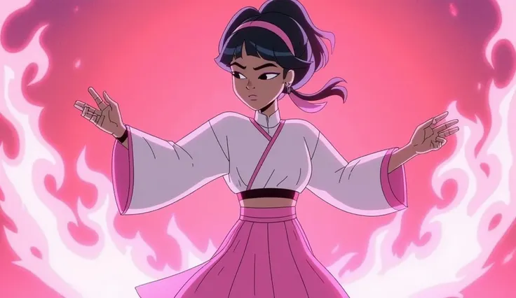 A  black female pink alfro headband and pink and white martial artist outfits  Chinese kung fu tai chi 
Outfit yin Yang dragon flame 
pink spandex pants 80's anime character design sheet  skirt 