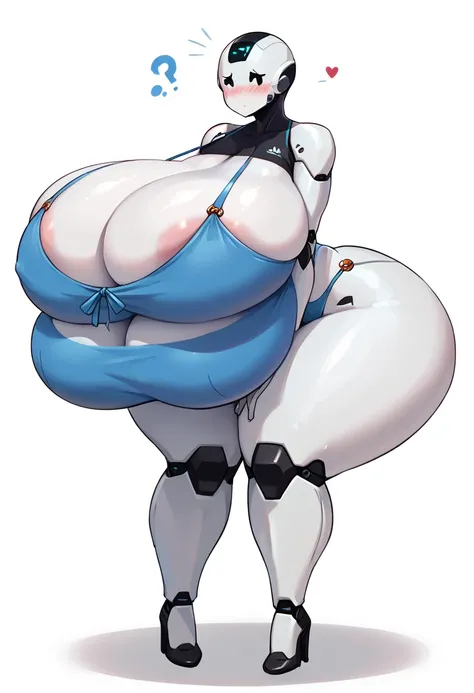 tesla bot glossy black head white body faceless robot full-body shot blush Big breasts Huge breasts Gigantic breasts breast enlargement bikini