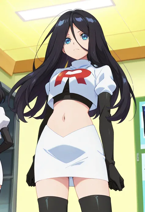 best quality, masterpiece
BREAK
1girl, natsukohirose, black hair, long hair, blue eyes,
team rocket,team rocket uniform,white skirt,red letter R,crop top,black thigh-highs,black elbow gloves, cowboy shot,
indoors