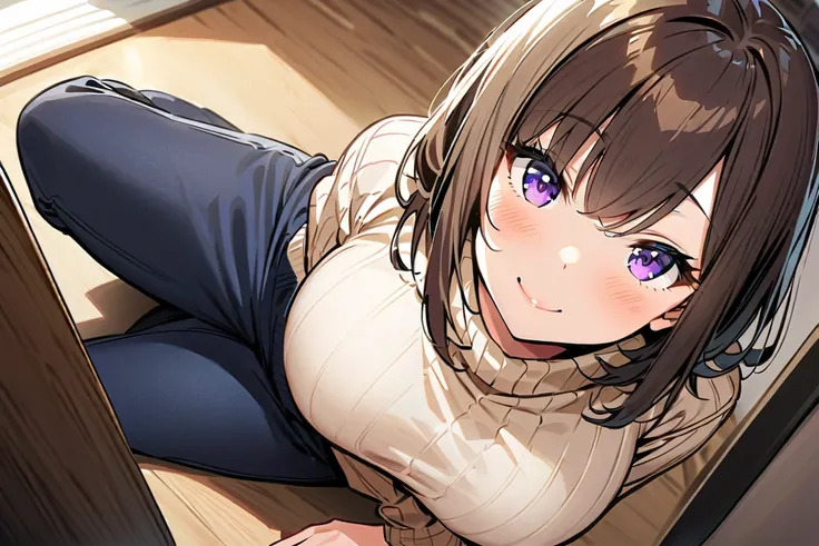 (( best quality photo)), ((obra maestra)), ( detailed),  a girl,  brown hair, long,  purple eyes ,  Big breasts ,  big thighs ,  fair skin , black glasses,  light brown cashmere sweater dress,  blue pants at home,  watching the viewer con ojos muy abiertos...