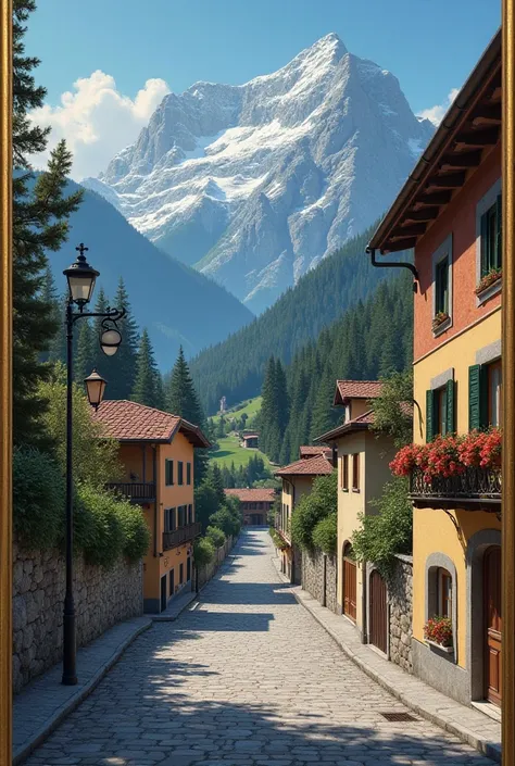 create masterpiece, best quality, Italian Renaissance oil painting style. Background: Morning blue sky, small clouds, snow-capped mountain, coniferous forest, large rocks. Foreground: (((Road up the hill of a small Italian Alpine village that forks into tw...