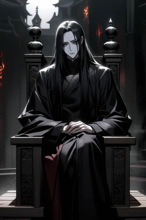 man, high, delgado, pale,  Long face,  beautiful,  black eyes,  long hair half black and half white,  sinister look,  boring look, Wear black robes Chinas Nobles, sitting on a wooden throne, sinister aura.