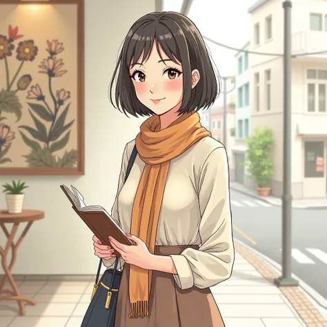 "A stylish Japanese woman in her mid-50s, warm and approachable, short bob hairstyle, elegant and natural fashion (linen shirt + long skirt or dress), wearing a simple but chic scarf, gentle smile, artistic and intellectual atmosphere, holding a sketchbook...