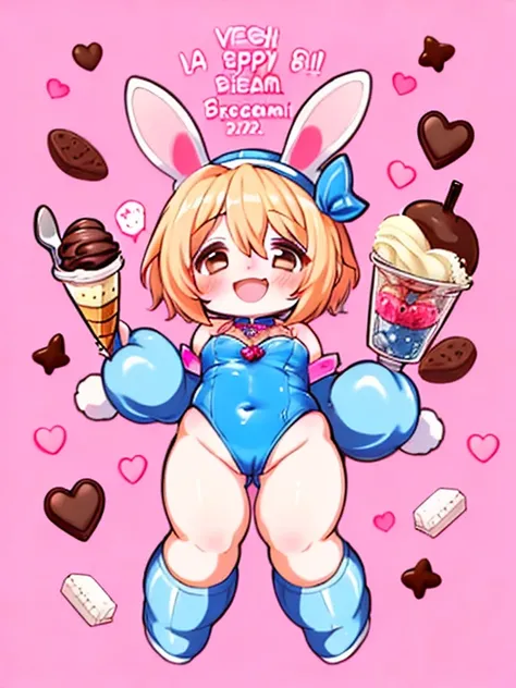 Young girl， chibi, chubby  ， obesity，Bunny ears， leotard，   full body shot    ，silk hat， ice cream， Chocolate Chips，smile，Full of happiness，sex💕,hard core💕ecstasy💕