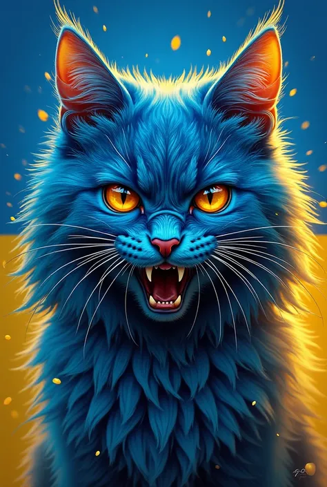  Siberian cat  ,8k,is a stylish and vivid illustration of an angry wet cat with blue and yellow hair and Ukrainian patterns,like on a Ukrainian website. The main features of the image :

1.  style:  Digital art with hyperrealistic elements and fantasy feat...