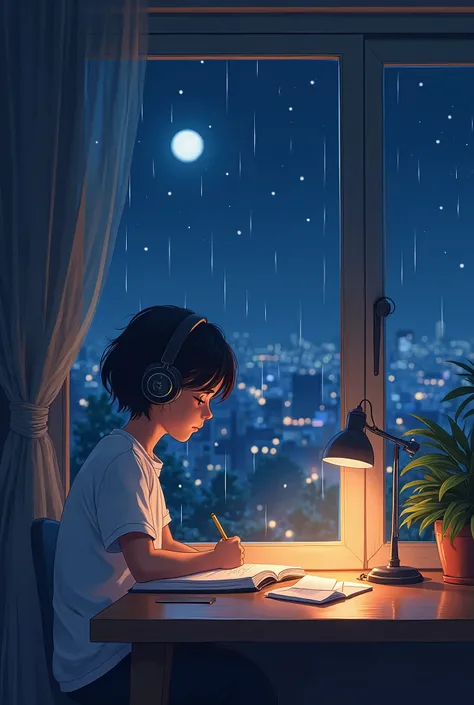  An anime-style illustration of a young person studying in a cozy room at night. A pessoa está usando  headphones,  with a notebook and books on the table .  A lamp softly illuminates the room .  Through the window , pode-se ver uma  cityscape com luzes e ...