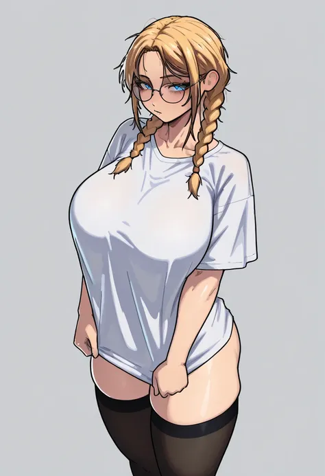 A beautiful woman, huge breasts , saggy breasts, black stockings, long t-shirt, white t-shirt, oversized t-shirt, blonde, glasses, hands from behind, ser through clothes, loose t-shirt, soft clothes, braided Hair, Bangs, blue eyes, stopu_42 style