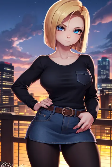 android18, android 18, blonde hair, blue eyes, eyelashes, hoop earrings, short hair, earrings,
BREAK belt, black pantyhose, black shirt, breast pocket, cleavage, collarbone, denim, denim skirt, high-waist skirt, jewelry, long sleeves, pocket, shirt, shirt ...