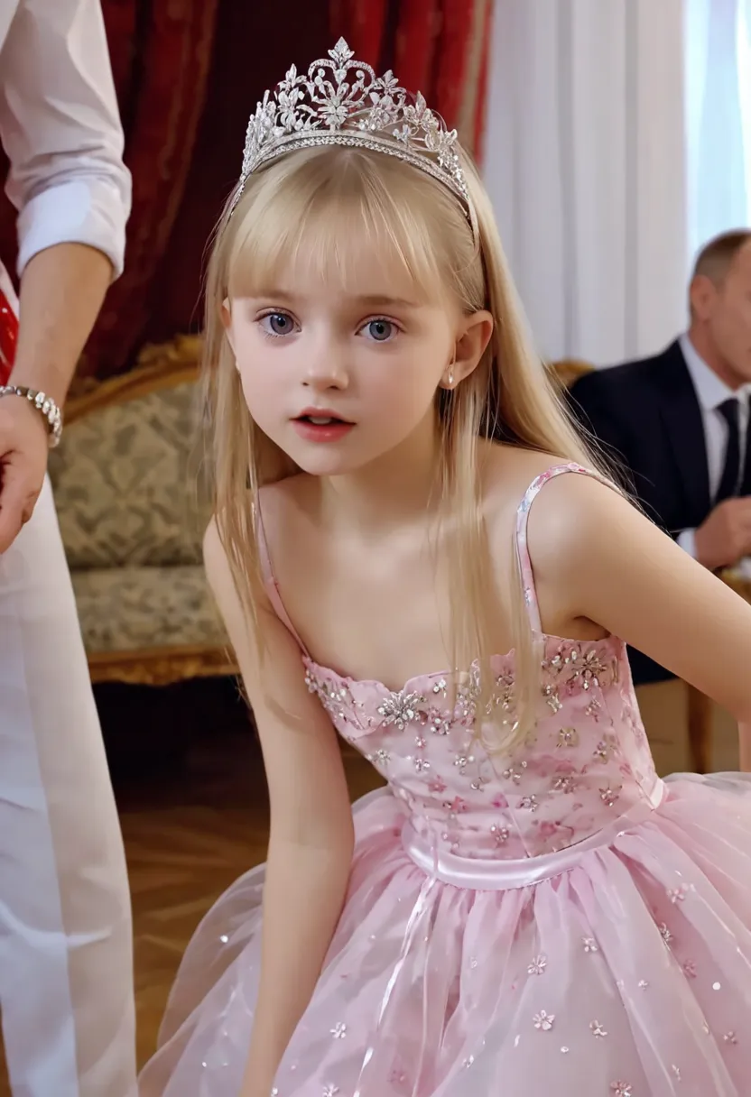 beautiful little 11 yers old Russian girl long blonde hair tiny short dress, dressing like a princess, having sex with an older man in a birthday party