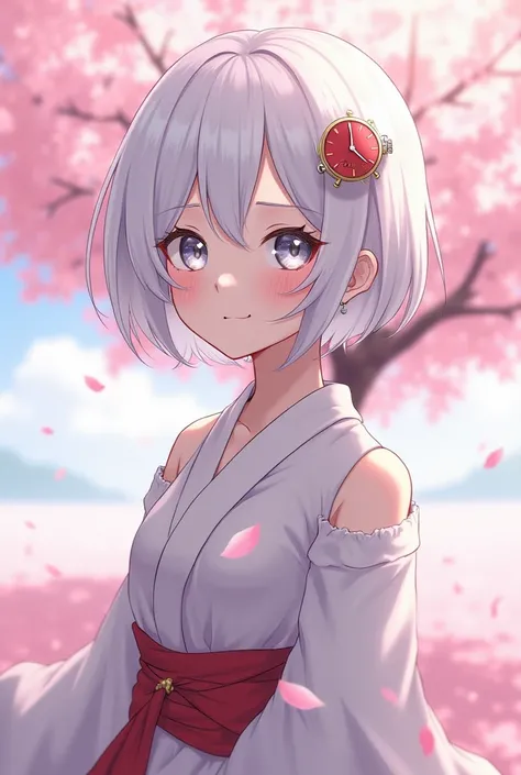  A girl,  with short white hair,  silver eyes, wearing an outfit "Divine", There is a hand clock symbol in your left eye, Make it slightly tilted looking forward,  with a little smile, And slightly blushed, Set a scene where there is a vast, clean field wi...