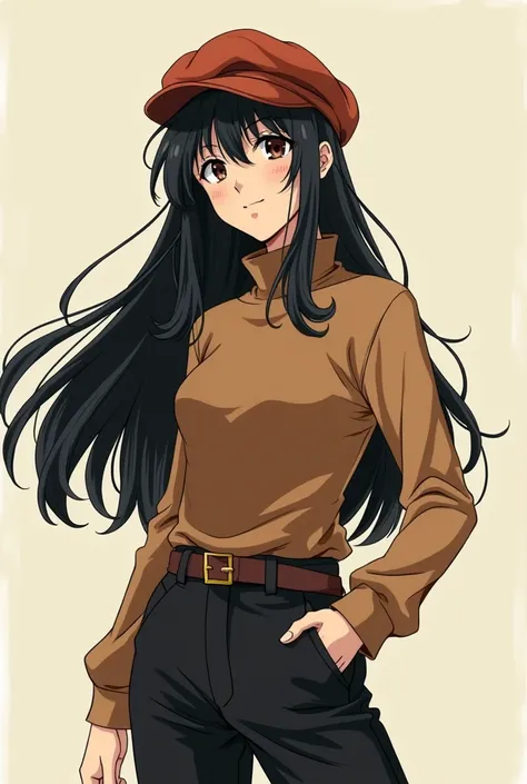 Brown turtleneck girl and black flared, there is also a beret + cap on her head also brown , long black hair, in the style of old anime MANGA STYLE HUNTER X HUNTER