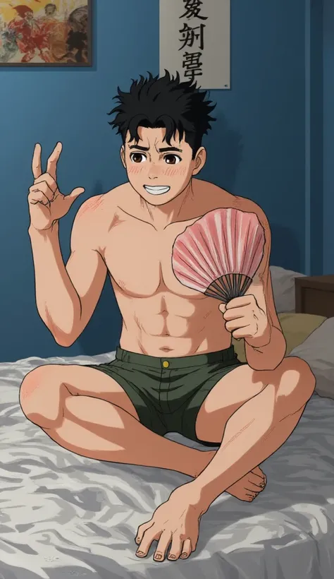 Anime, 8K full-body poster, Japanese mix Indonesian, 1 person, smile, Sharp eyes, Attractive look, Detailed facial details, Rugged skeleton, street city, Jakarta, Tokyo, Slit eyes, wearing khaki short shorts, bare pectoral, bare abs, bare thighs, bare knee...