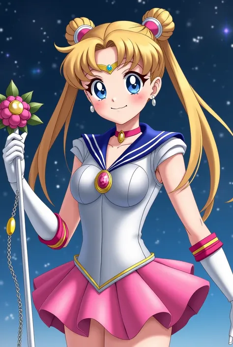 ((Wearing the silver Millienmum Crystal)) the character Serena from sailor  moon wears a silver ballerina shoes and short pink ruffle miniskirt a leather leotard with sliver and yellow strips along the attached collar a long silver chain has a yellow oval ...