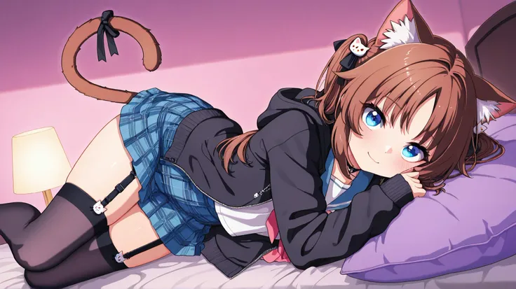 Nekomiya mana Kawai cat girl  
""
" Young girl with waist-length brown hair ,  plain and with blue tufts .  Big, bright blue eyes , with a tender and playful expression. Her outfit combines a Western school uniform with a modern and comfortable touch .  Sh...