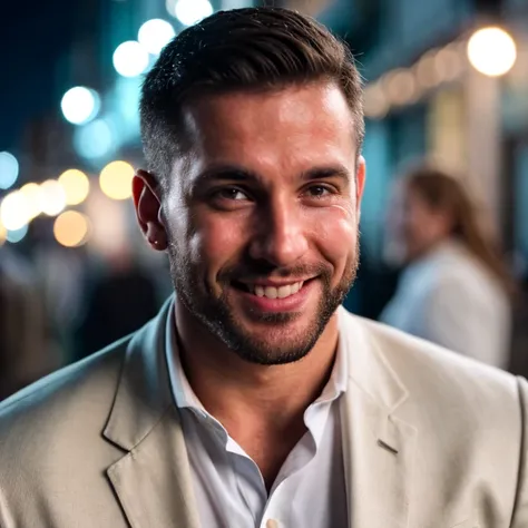 Picture of bearded muscular  (man) in white suit, large lump, ((luz bokeh)),  intricate, (steel metal [oxide]), elegant, erotic,  who exudes sexual energy, homoerotic,  sharp focus,  photo by Greg Rutkowski ,  soft lighting,  vibrant colors, (obra maestra)...