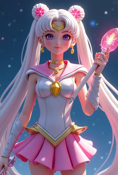 , worthy of an 8k resolution, Unreal Engine 5, trending Artstation splash ((Wearing the silver Millienmum Crystal)) the character Serena from sailor  moon wears a silver ballerina shoes and short pink ruffle miniskirt a leather leotard with sliver and yell...