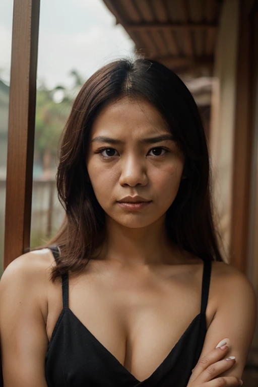 Create a picture of a beautiful Indonesian woman who is grumpy but still relatable. "Rara Geram"