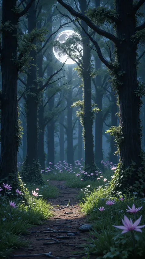  A charming digital art work carefully created by Wlop,  showcases a quiet forest bathed in soft moonlight ,  that highlights the intricate details of nature , It also emphasizes the blending of light and shadow ,  cleverly blends elements of fantasy and r...