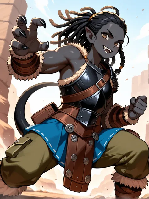 beautiful dwarf girl, solo female, dwarf DND female, action pose, highly detailed hands, black hair, dreadlocks, black skin, african woman, long braid, tough, barbarian warrior, savage warrior, barbarian woman, hazel eyes, flat chest, muscled, athletic, ar...