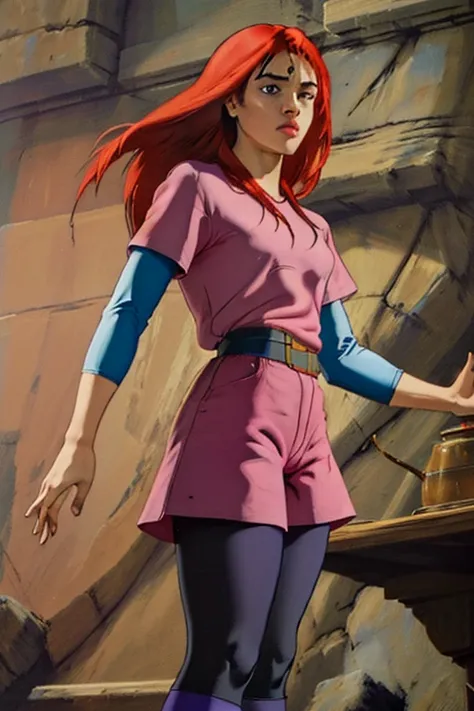 (masterpiece, high quality:1.4), JessieBannon, blue eyes, red hair, long hair, 1girl, solo, pink shirt, short over long sleeves, belt, pink shorts, purple leggings, cowboy shot, contrapposto, dynamic angle