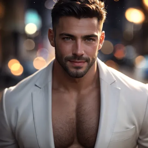 Picture of bearded muscular  (man) in white suit, large lump, ((luz bokeh)),  intricate, (steel metal [oxide]), elegant, erotic,  who exudes sexual energy, homoerotic,  sharp focus,  photo by Greg Rutkowski ,  soft lighting,  vibrant colors, (obra maestra)...