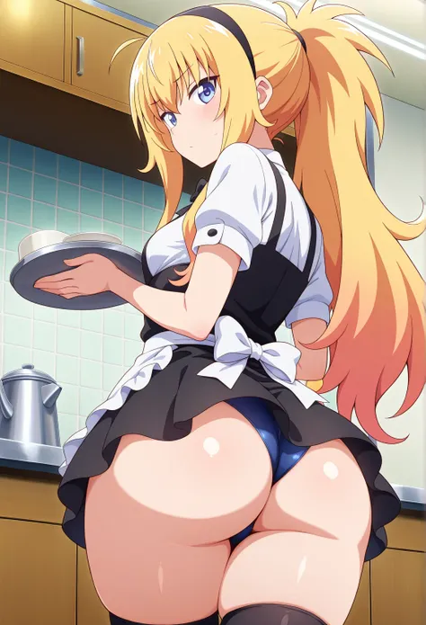 high resolution picture, masterpiece, best quality, amazing quality, official art, , 1girl,  Gabriel White Tenma  from Gabriel Dropout, 1girl,  gabt, long hair, blonde hair, blue eyes, 
small breasts, anime_screencap , ponytail, black hairband, waitress, b...