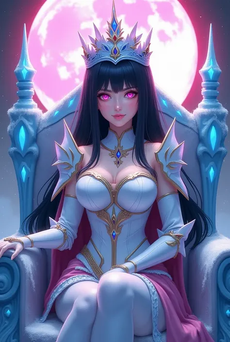 Realistic anime woman;
Black hair;
Pink eyes;
Wearing blue ice princess crown;
Sit on the blue ice kingdom throne;
White&pink kingdom armor;
Blue lines;
Pink moon background;
Huge Breast;
High detail;
Full body pict.