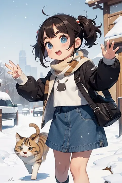   Masterpiece , ，   cute doodle   ，   funny, Excellent, S，Short length，   curly hair   ，   twin tails，   bright ，   curious eyes   ，  freckles，  Thick eyebrows，   warm scarf   ，   down jacket  ，長袖のShort white T-Shirt， tights，   Very Short Denim Miniskirt， ...