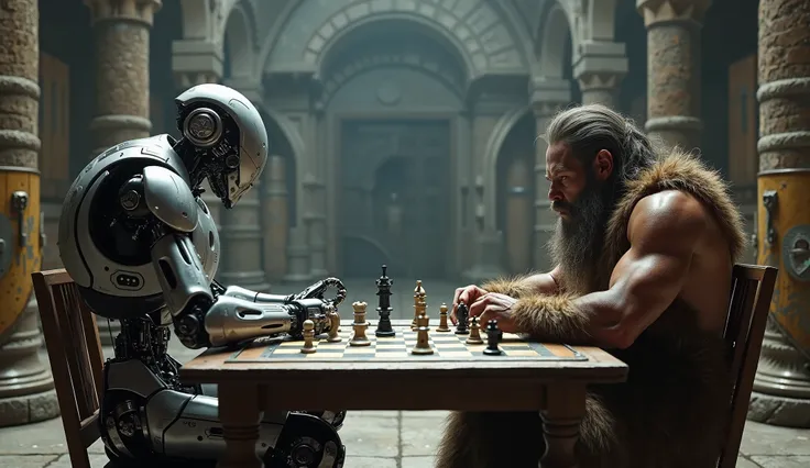 In the room of a medieval castle, a humanoid cyborg robot plays chess with a human Neanderthal from caves.. In the room there are medieval shields and armor.  high quality 8K .