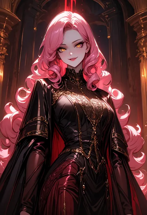  alone, female, Long, loose pink hair,  curly hair :0.3, straight hair,  golden eyes,  pale skin, dhampyr,  black clothes, Fantasy, night, dark,  contained bloodthirst , elegant but practical clothes, stoic, Double blades ,  wide shoulder leather jacket, a...