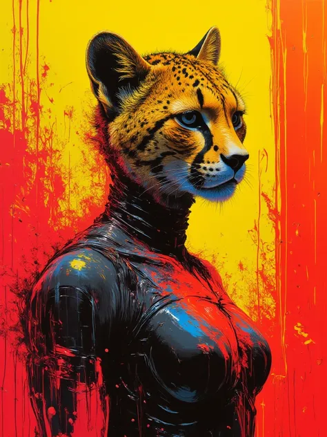 Cheetahra, cheetah woman humanoid, human traces face but mixed with a cheetah, yellow, red and black painting medium, strokes traces of painting, impressionist painting strokes.